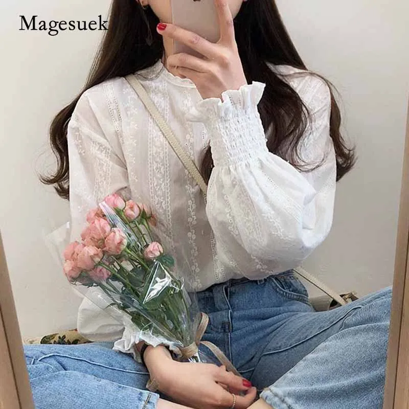 Embroidery Lace blouses O-Neck Spring Women Long Sleeve Linen Cotton Blouse Lantern Sleeve Casual White Tops blusas 6874 50