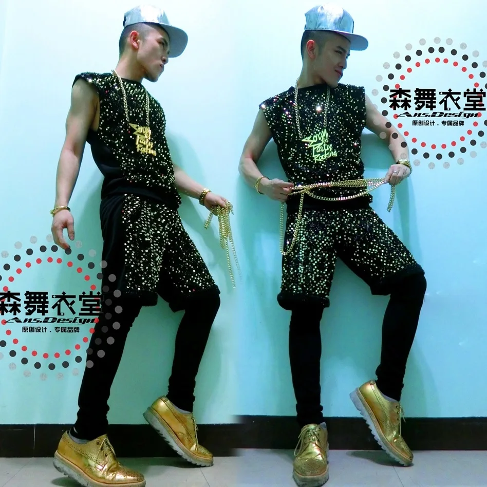 Bar and nightclub male singer dj Quan Zhilong GD same paragraph black gold sequined space cotton vest suit costume