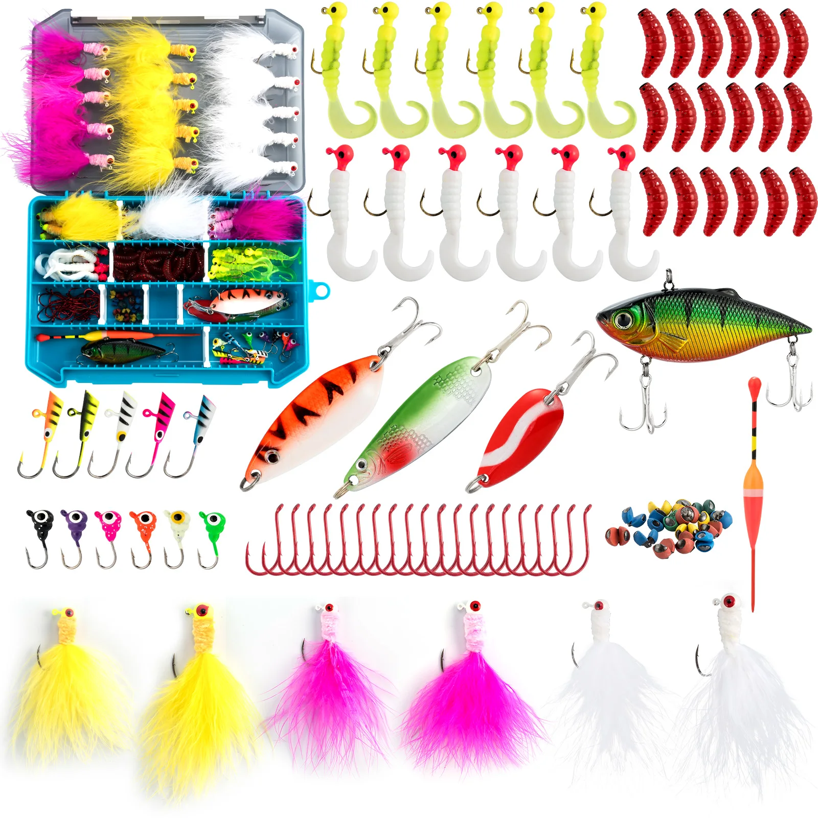 

132pcs Ice Fishing Lure Kit Marabou Jig Spoon Jigging Soft Lure Weight Sinker Worm Float Wobblers Pike Perch Panfish Walleye