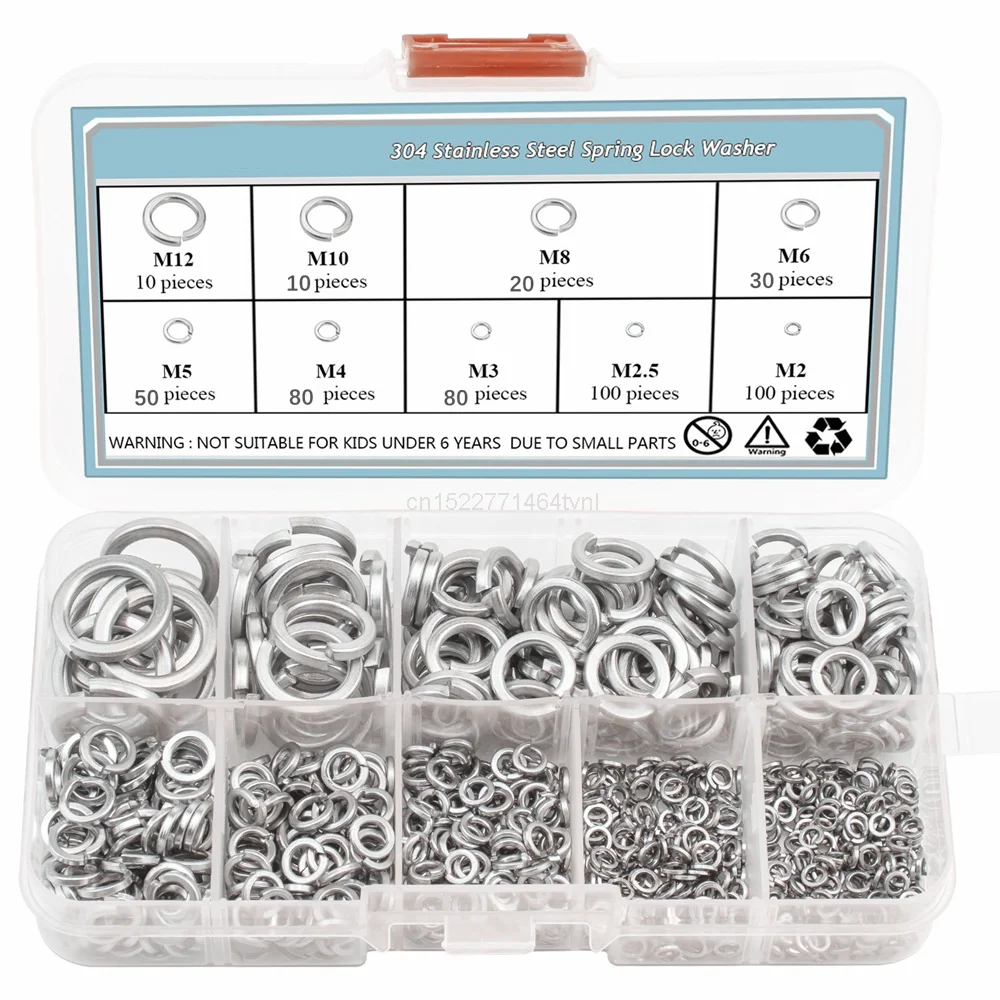 480pcs 304 Stainless Steel Spring Lock Washer Assortment Set , 9 Sizes - M2 M2.5 M3 M4 M5 M6 M8 M10 M12