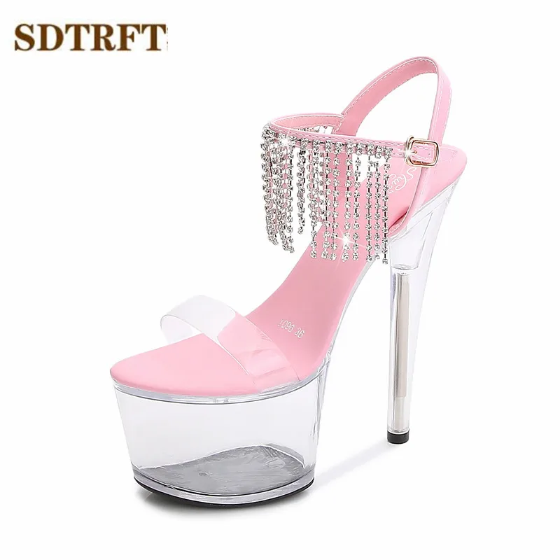 SDTRFT Transparent Stilettos zapatos mujer 13 15 17cm thin heels platform diamond Tassels sandals shoes woman Party Dance pumps