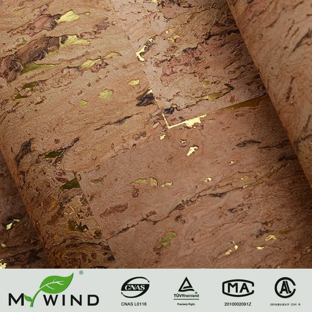 MYWIND New Design  Original Wood Color Cork With Gold Foil Wallpaper For Home And Rrestaurant Decoration