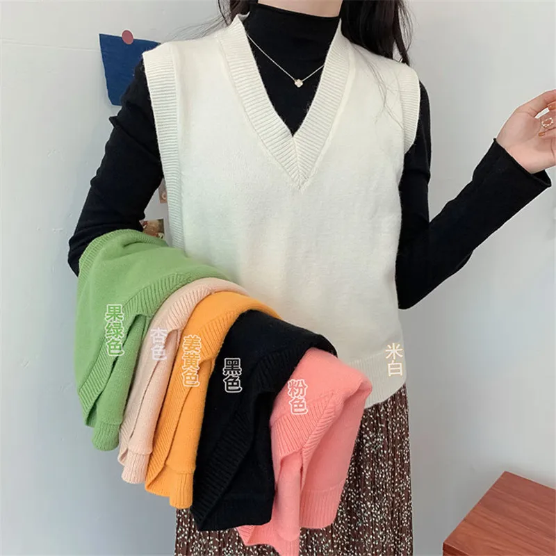 

Autumn Winter Women Casual Loose Pullover Knitted Tank All Match Sleeveless Sweater Vest Ladies Short V-Neck Waistcoat Tops 1965