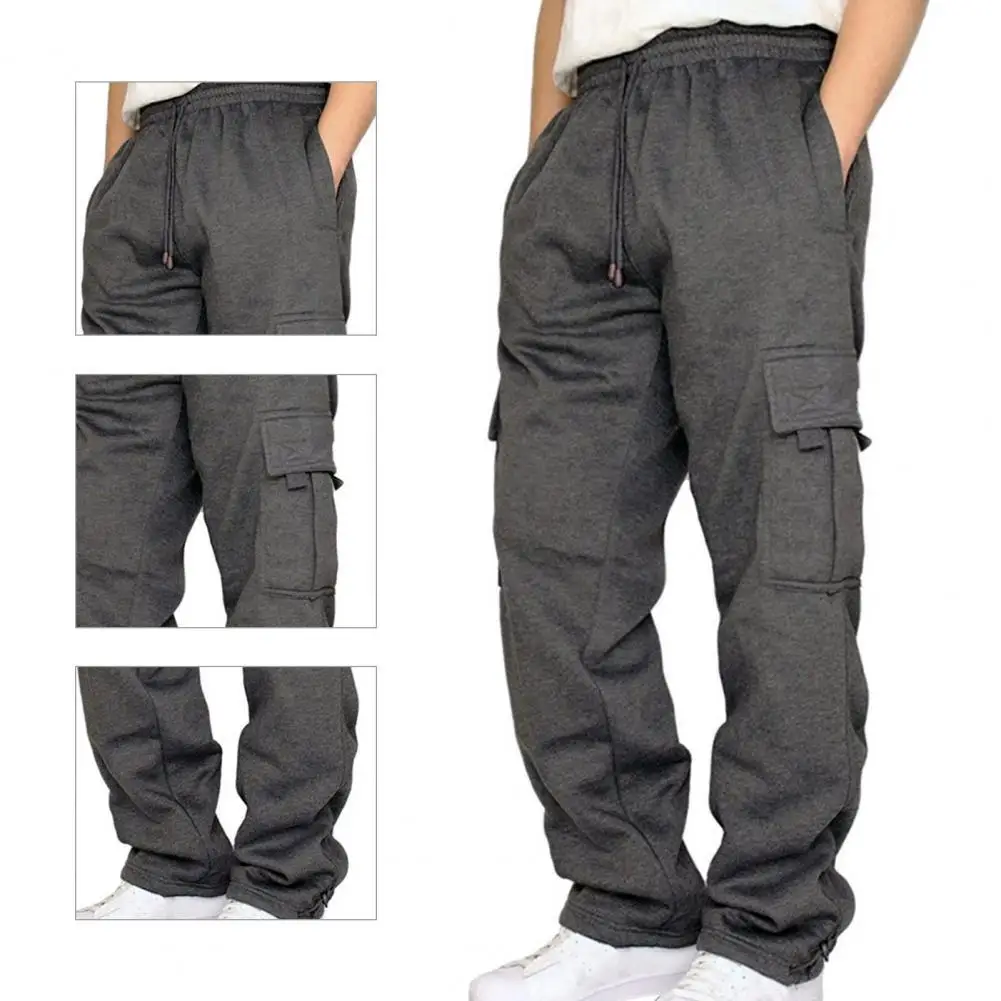 

Men Pants Solid Color Drawstring Elastic Wiast Multi Pockets Cargo Pants for Daily Wear