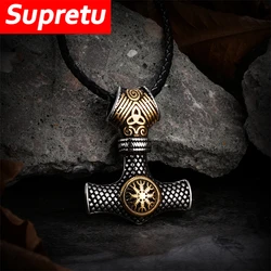 Norse Viking Thors Hammer Necklaces Double-sided Rune Triangle Compass Amulet Mens Stainless Steel Anchor Pendant Slavic Jewelry