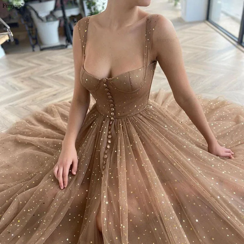 

Funyue Glittering Stars Sequined Evening Dresses 2024 Charming Short Prom Dress Ankle Length A-Line Starry Tulle Party Dress