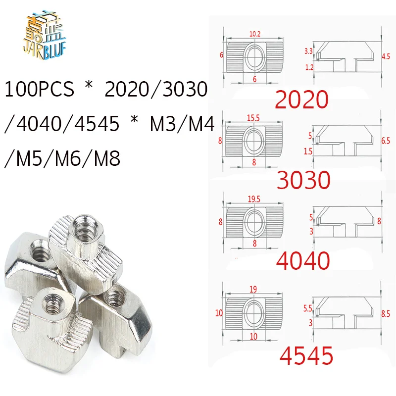 T-moer M3 M4 M5 M6 M8 Hamerkop T-moer Bevestig sleufmoerconnector Vernikkeld voor 20 30 40 45 EU aluminium extrusieprofiel