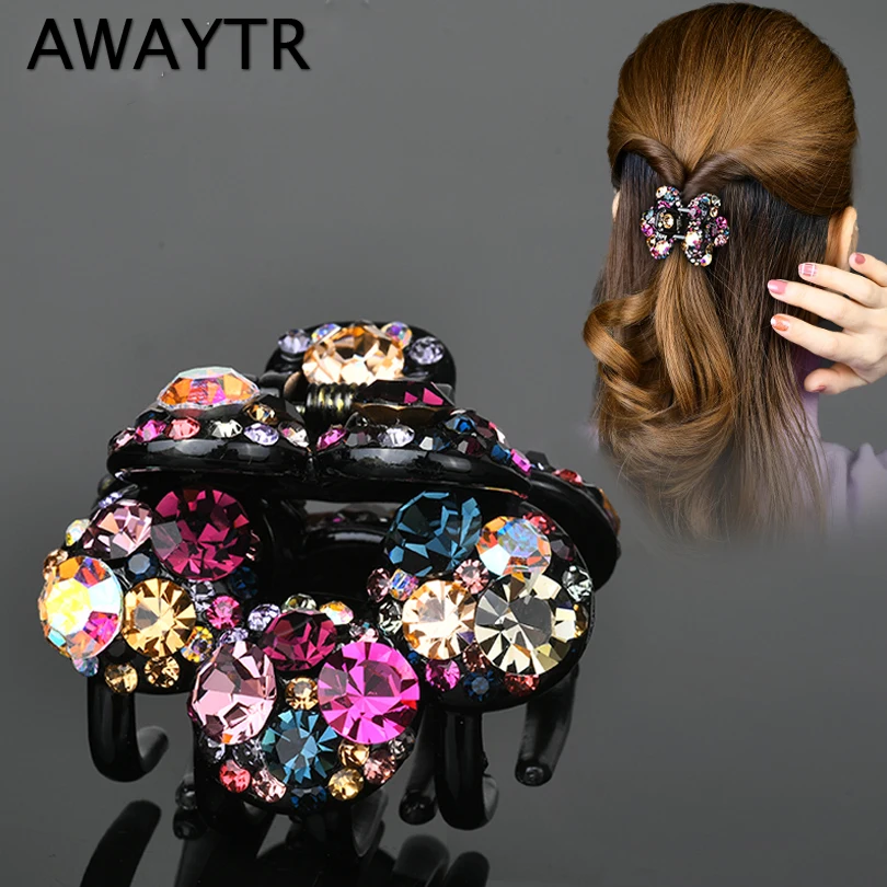 AWAYTR Rhinestone Hair Claws Clips Flower Women Fashion Crystal Hairpins Clamps Crab Ponytail Barrette Girls Hair Accessories