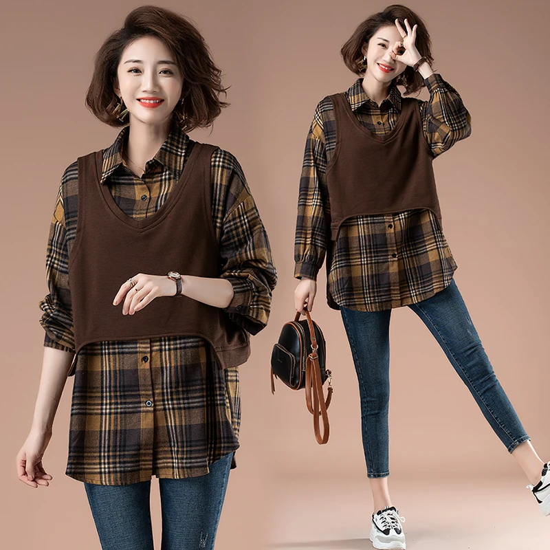 

New Autumn Women Shirts Sets Vintage Fashion Long Sleeve Plaid Blouse V-Neck Knitted Vest Versatile Female Casual Two-Piece Suit