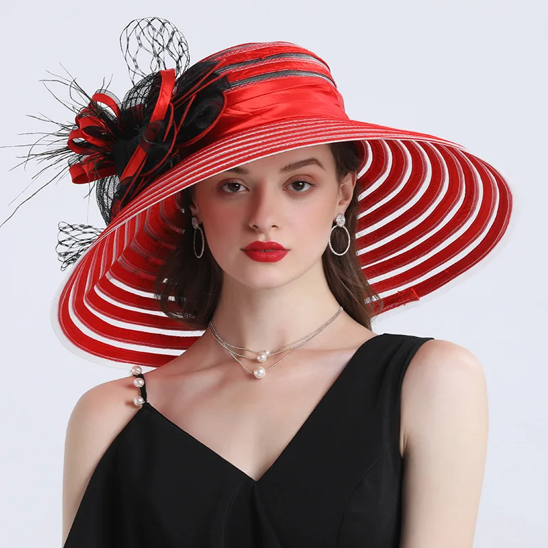 Elegant Women Feather Flower Striped Kentucky Derby Hat 16cm Wide Brim Church Dress Sun Hat Lady Summer Beach Party Wedding Hat