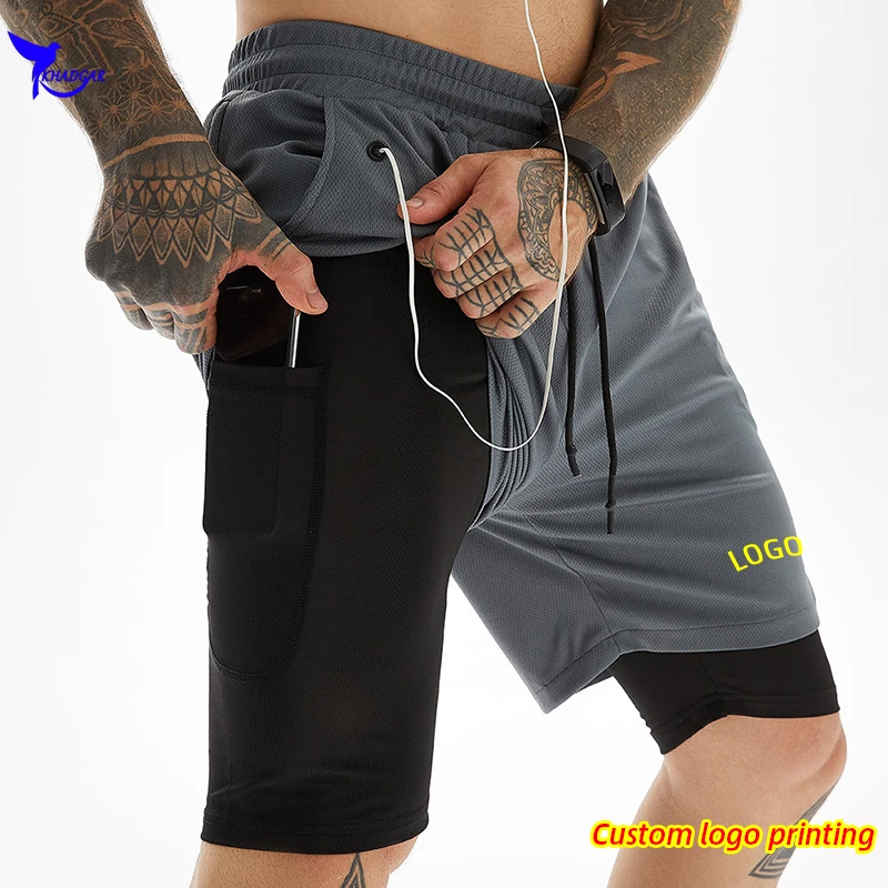 Custom LOGO Men 2 In 1 Running Shorts Jogger Gym Fitness Training Quick Dry Double-Deck Short Pants Summer Sport Workout Bottoms