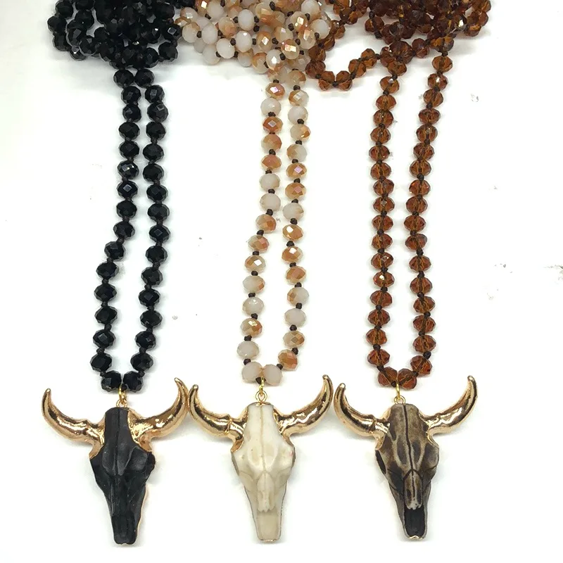 Bohemian Tribal Jewelry Long Knotted Handmade Paved Bull Head Pendant Necklace For Women Ethnic Beads Necklace Sweater Chain