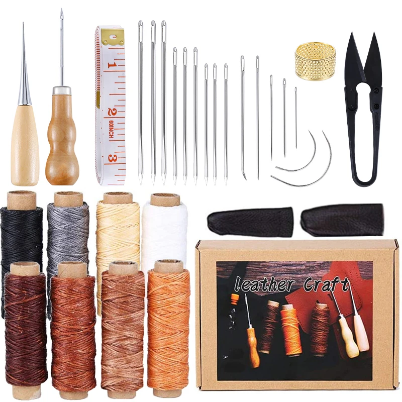 LMDZ 30Pcs Set Leather Craft Stitching Kit Waxed Thread Large-Eye Stitching Needles for Beginner Leather Craft Sewing DIY Tool