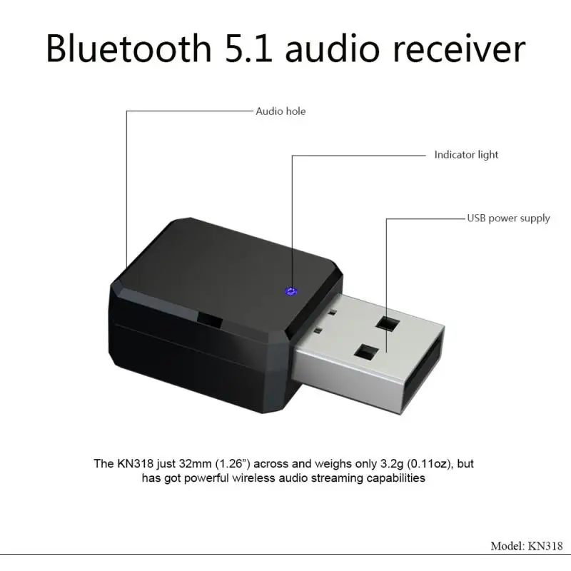 Receptor de Audio con Bluetooth 5,1, salida Dual, AUX, USB, estéreo, manos libres, llamadas, micrófono incorporado, adaptador inalámbrico para TV y coche