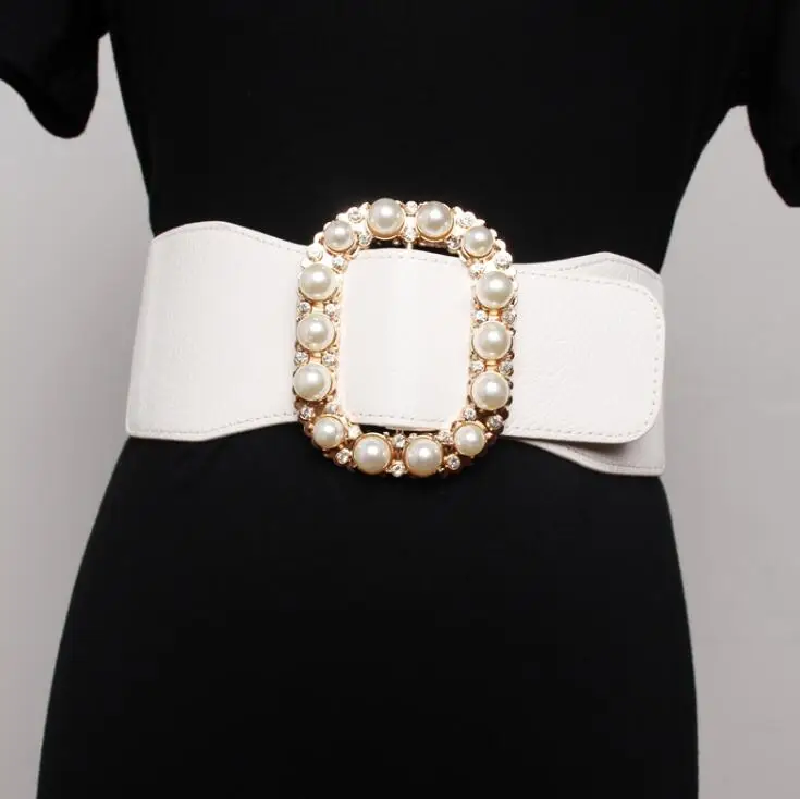 

Women's runway fashion pearl buckle elastic Cummerbunds female Dress Corsets Waistband Belts decoration wide belt R3176