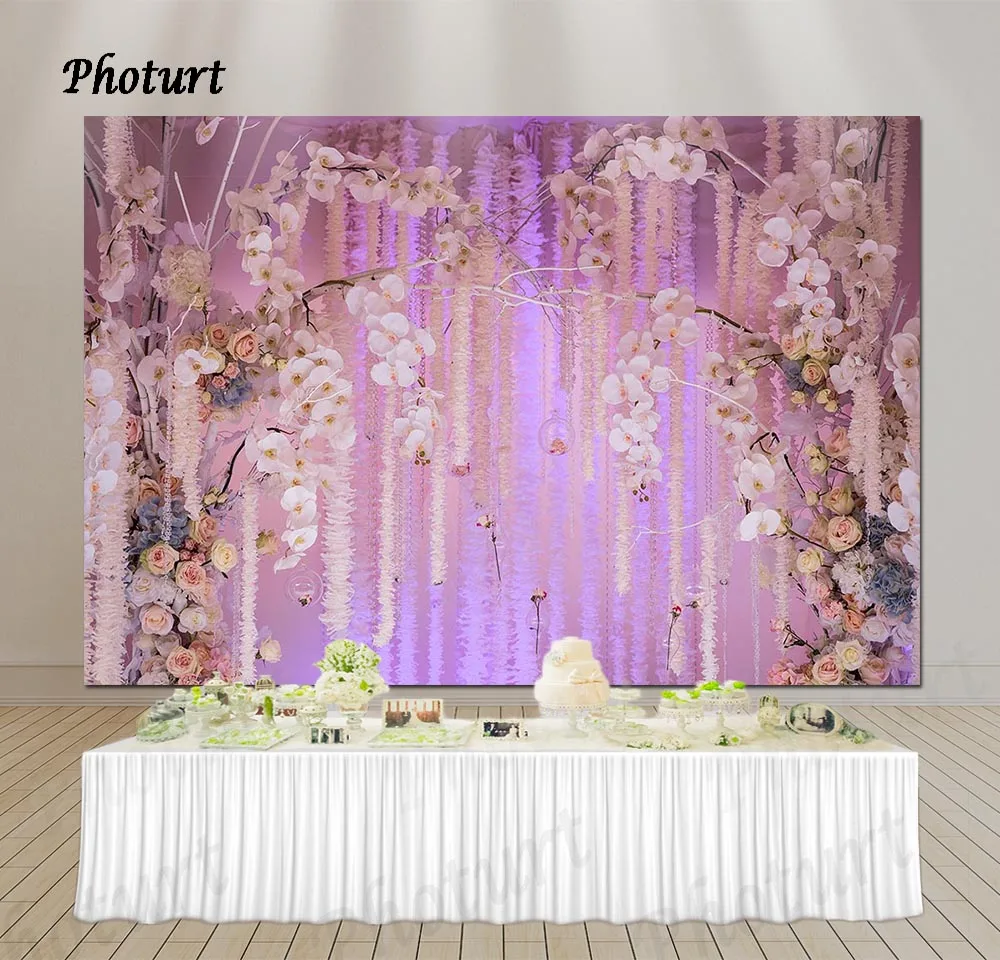 

PHOTURT Pink Purple Flower Backdrop Girl Birthday Party Wedding Photography Background Photo Banner Floral Vinyl Decorate Props