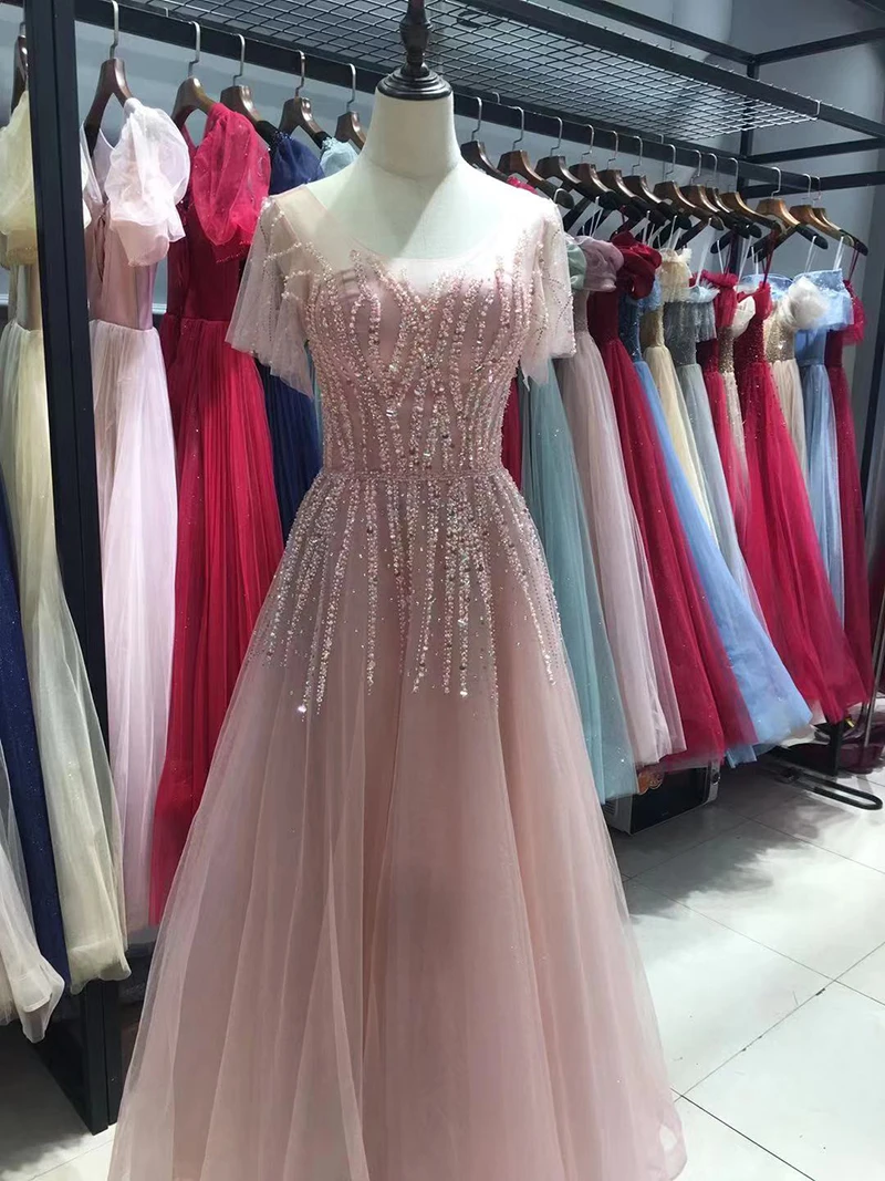 Customized   Evening Dress for Women Real Picture Scoop Neck Sequins Beading A-line Glittering Long Prom Formal Gown Vestidos