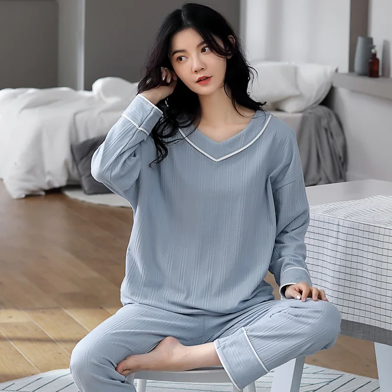 M-5XL Casual Plus Size Full Cotton Pajamas Women Spring Autumn Pyjamas Suit Female Long Sleeve Loose V Neck Sleepwear Set