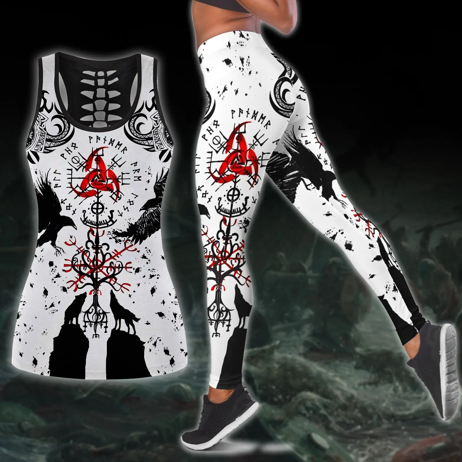 Women Leggings Fashion 3D Printed Beautiful Mjolnir Odin Tatoo Combo Tank + Legging Sexy Elastic Female Skinny Leggings DDK17