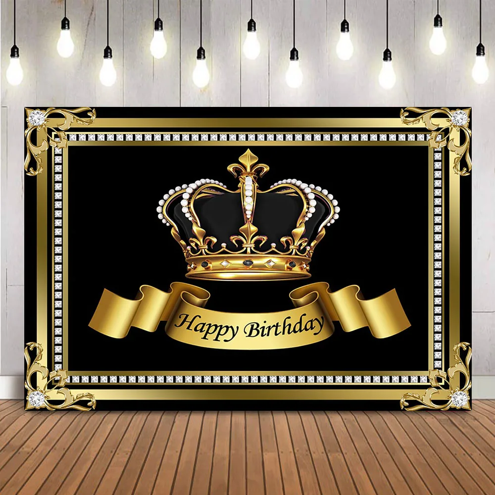 

Happy Birthday Backdrop Black Crown Glitter Diamonds Background for Photo Studio Newborn Kids Boy Portrait Photoshoot Props