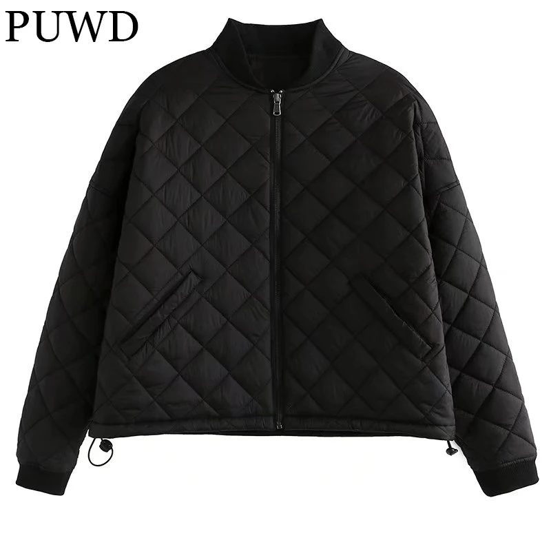 PUWD Loose Women Black Ribbed Bomber Jacket 2021 Autumn/Winter Fashion Pure Color Parka Casual Retro Fashion Female Chic Outwear