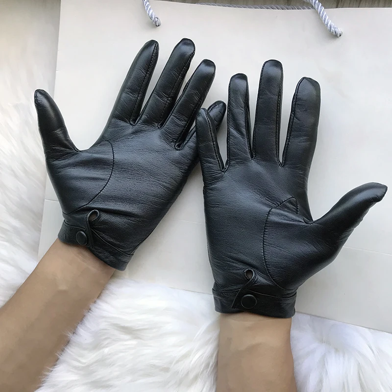 Unlined Gloves Wrist Button Sheep Leather Touch Screen Winter Gloves For Men Black Thin Lining Genuine Leather
