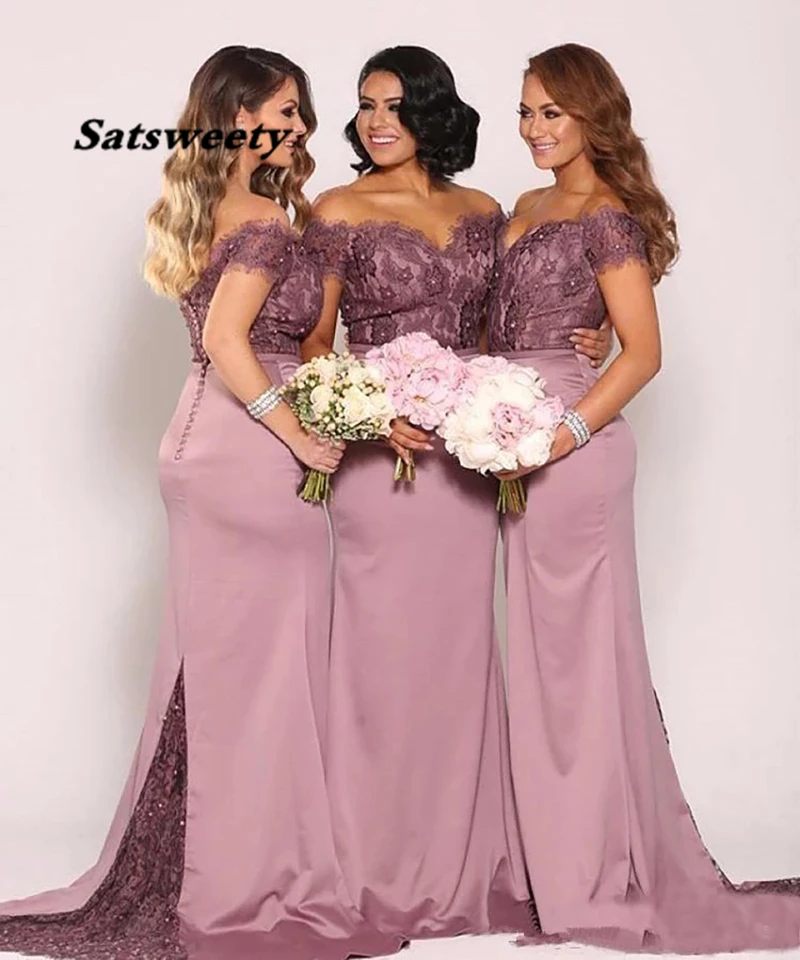 Mermaid Gown Elastic Satin Sweetheart Off-Shoulder Prom Party Gown Applique Bridesmaid Dresses Lace Dress