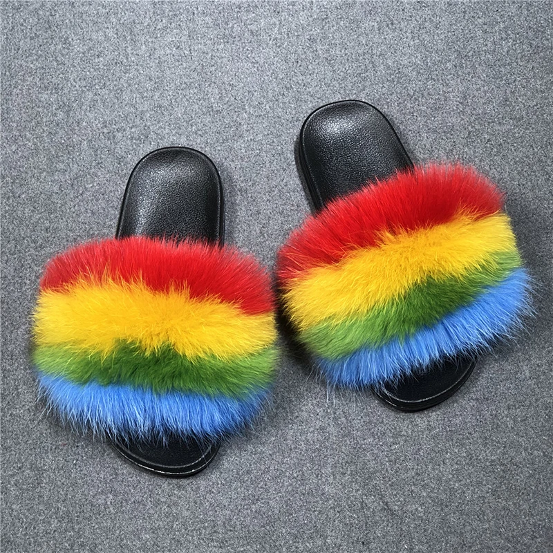 Fur Slides For Women Real Fox Fur Slippers Cute Fluffy Raccoon Fur Sandals Indoor Flat Big Fur Slides Ladies Luxury Flip Flops