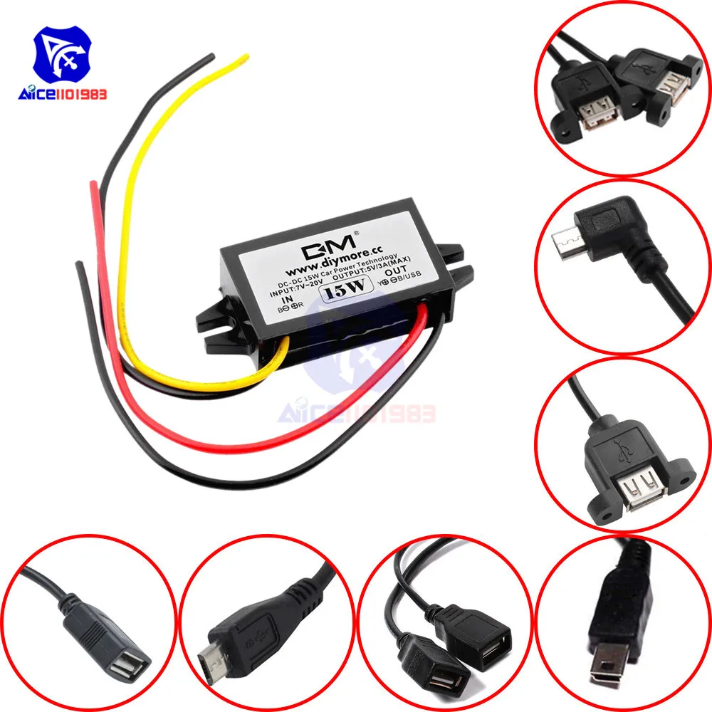 DC-DC Step-Down-Buck-Konverter Stromversorgungsmodul 12V auf 5V 3A 15W für Auto, männlicher/weiblicher USB-Anschluss, Mini-USB, Micro-USB-Adapter – Detail 3