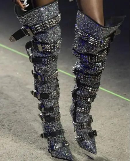 Sexy Black Sliver Rhinestone Buckles Rivets Over The Knee Boots Woman Bling Bling Pointed Toe Iron Heels Spike Long Boots Lady