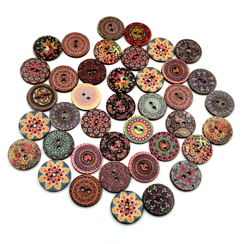 15/20/25mm Natural Retro Multi-Pattern Printing Wooden Round Buttons For Clothing Scrapbook Diy Home Sewing Accessories