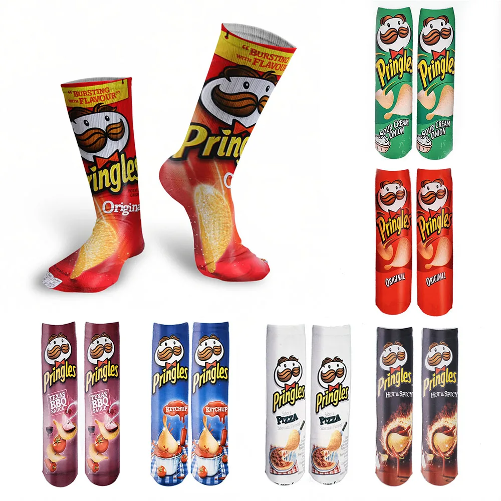 Food 3D Printed Women Long Socks Creative Snacks Potato Chips Heat Transfer Stockings Cotton Funny Happy Schoolgirl Calf Socks