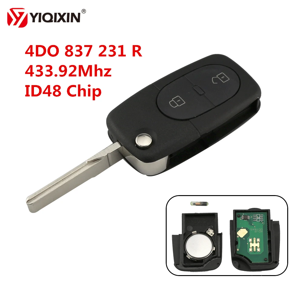 Yiqixin chave remota dobrável para carro, com 2 botões, 433.92mhz, com transponder chip id48, para audi a2 a3 a4 a6 a8 tt rs4 4do 837 231 r