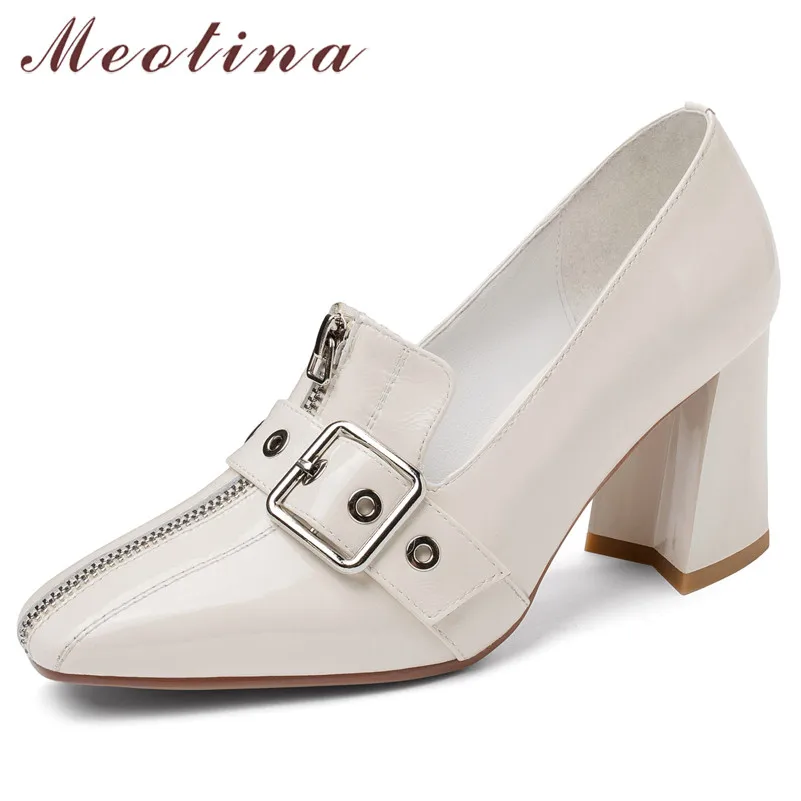 

Женские туфли из натуральной кожи Meotina, туфли-лодочки на Высоком толстом каблуке, с квадратным носком, на молнии, с пряжкой, 39