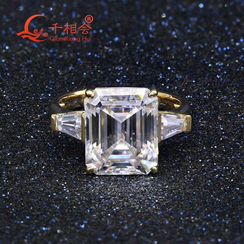 10*12mm  8CT Emerald Cut  white color Moissanite Three Stones Ring Silver 925 Diamonds Wedding Engagement Ring For Women