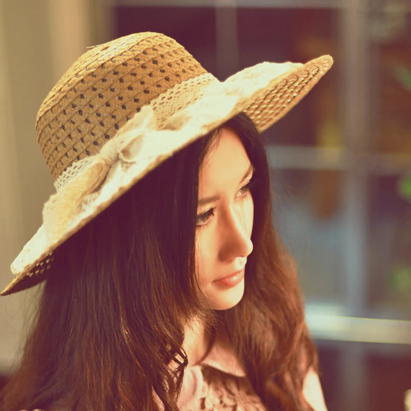 Women Lace Sun Hats For  Wide Brim Straw Beach Side Cap Floppy Female Straw Hat Lace Solid Fringe Straw Hat Summer Hat Chapeu