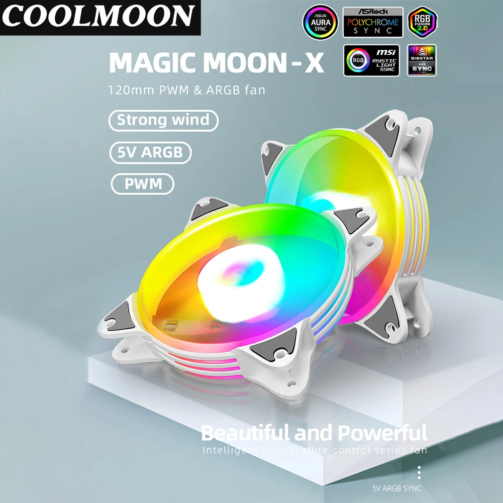 Coolmoon-ventilador de refrigeração para pc, 12cm, 5v, pwm, abordável, argb, dissipador de calor, para desktop, chassis, com controle rgb