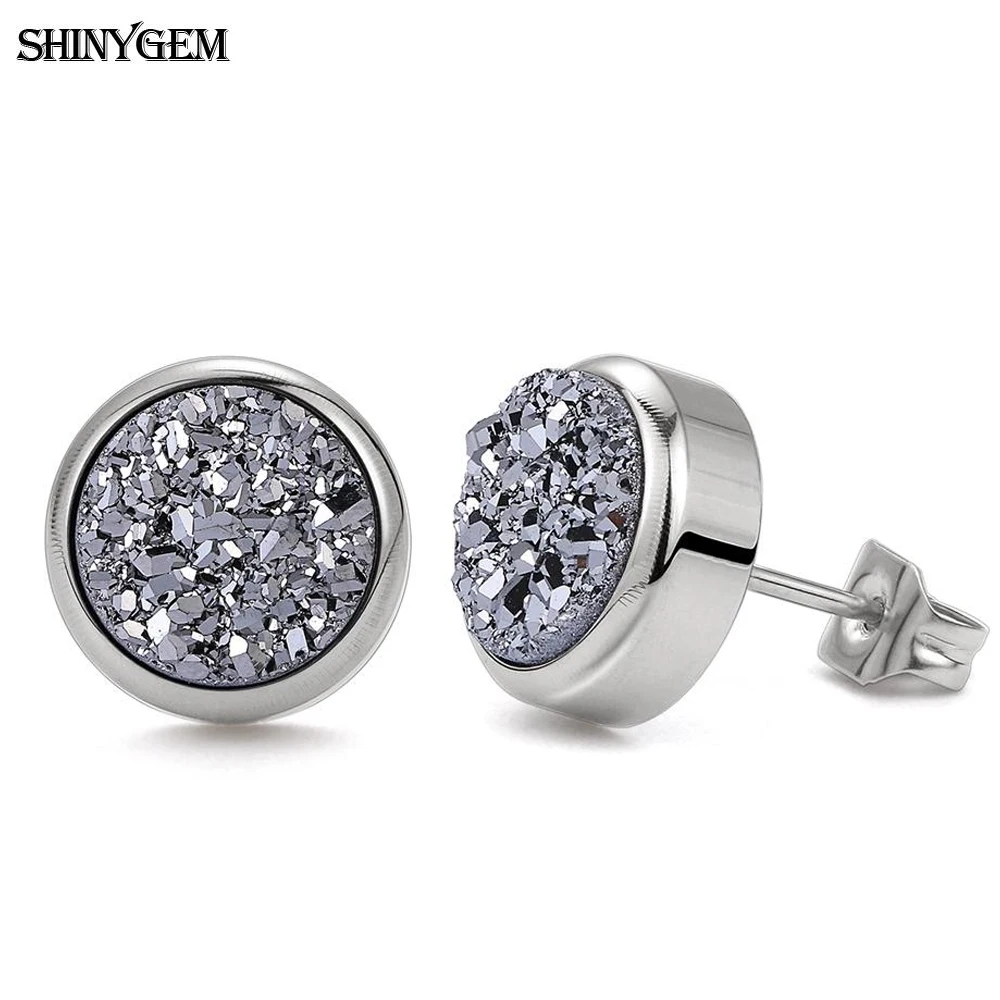 

ShinyGem Cute 6-10mm Round Natural Crystal Druzy Stud Earring Stainless Steel Charm Small Geode Gem Stone For Women Girl