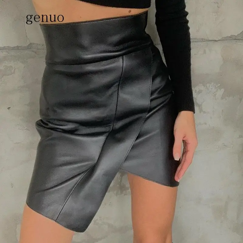 

Casaul Black Harajuku Split Irregular Length Hem High Waist Leather Skirt Women Streetwear Pencil Skirt Wrap Saia