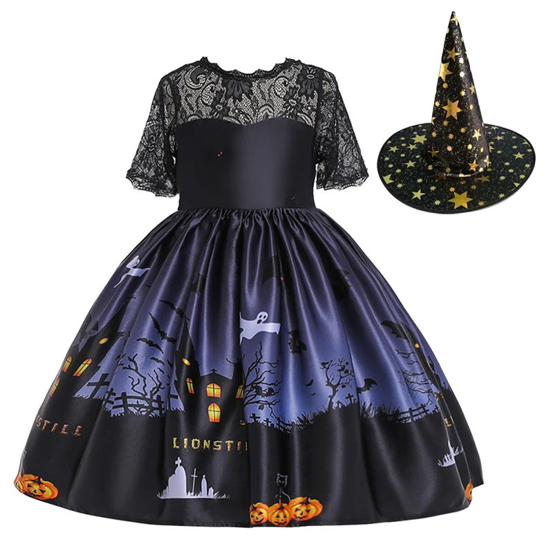 2023 Halloween Pattern Girls Dress Children Carnival Party Costume New Fashion Witch Cosplay Princess Dress 3 4 5 6 8 9 10 Years