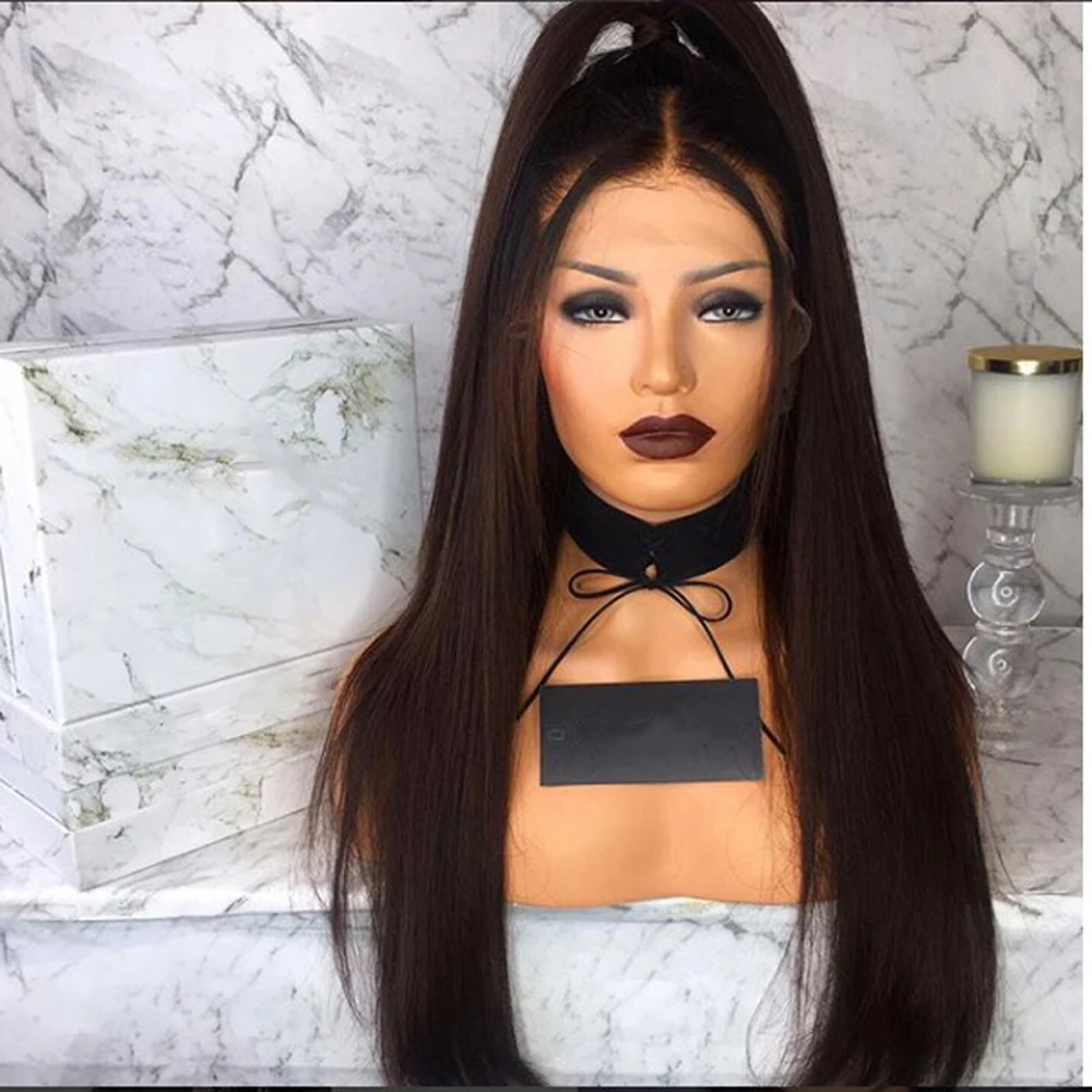 

DLME Long Straight Brown Wig For Black Women Heat Resistant Hair Ombre Brown Synthetic Lace Front Wig