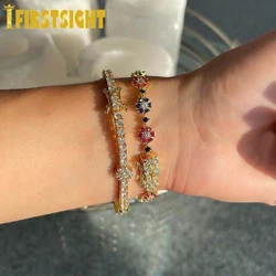 Gold Color Red Green Blue CZ Paved Flower Charm Bracelets Tennis Chain Rainbow Zircon Stone Bangle Fashion Women Jewelry