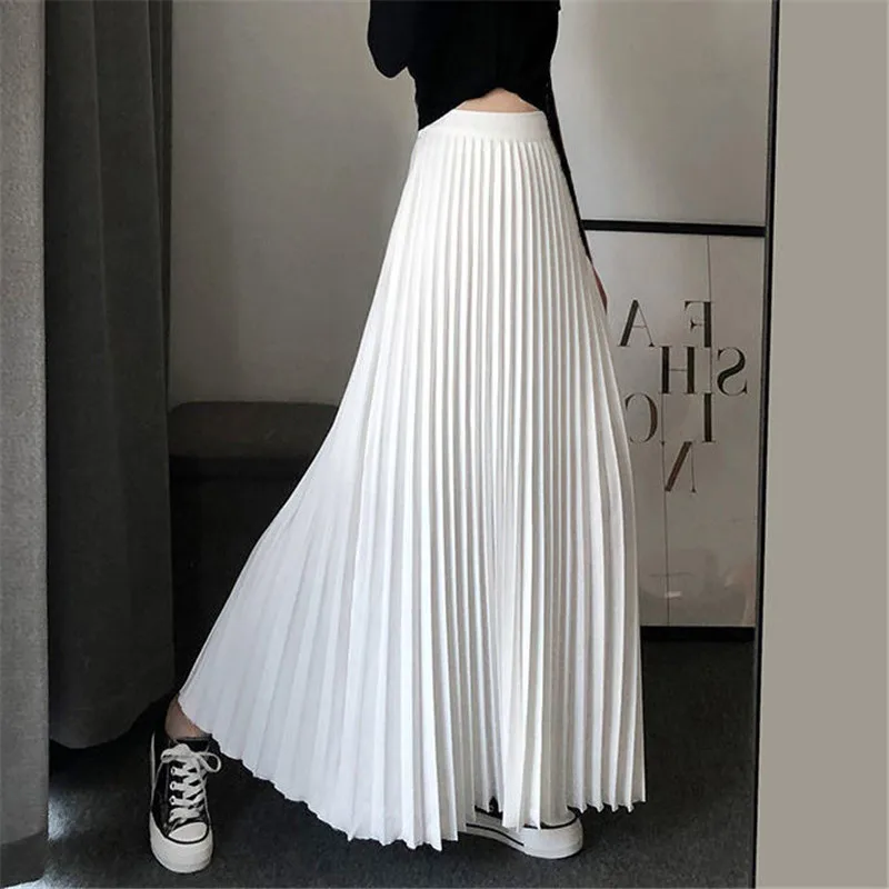 Women Skirt Pleated A-Line Elegant Long Skirt White Black Beige Green Blue Spring Autumn Winter faldas femme 2022