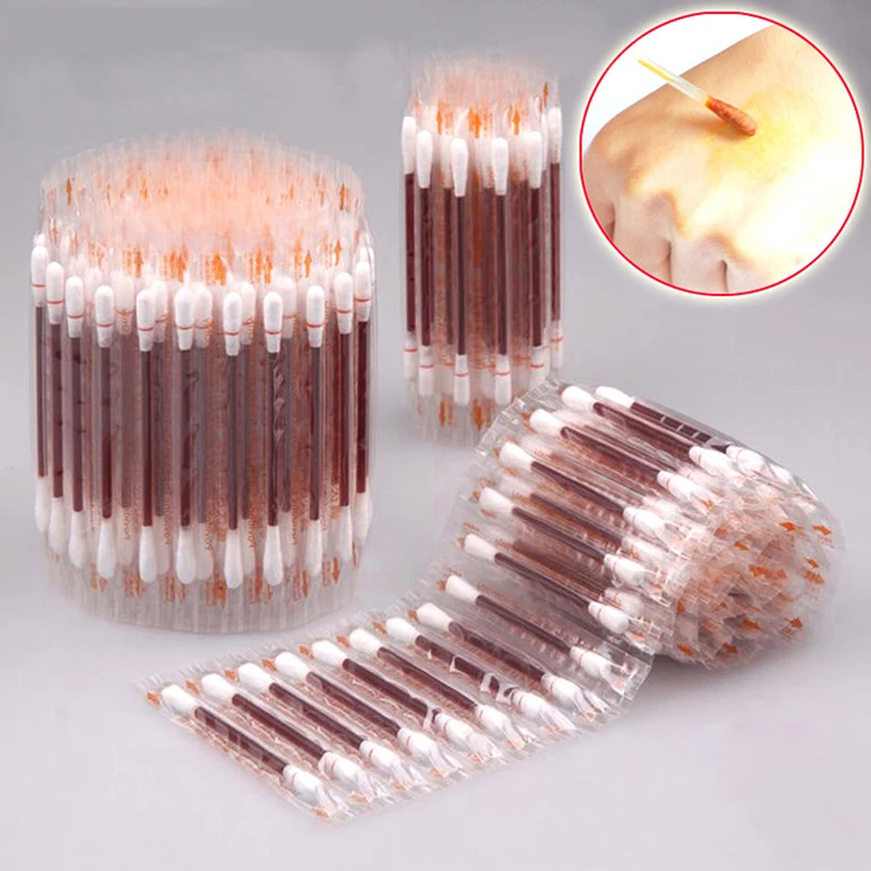 10Pcs Disposable Medical Iodine Cotton Stick Swab Home Disinfection Emergency Double Head Buds Tips Nose Ears Cleaning