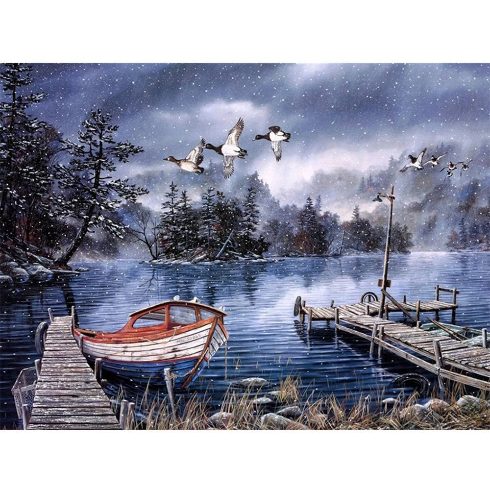 Landscape Nature Lake Boat 11CT Cross Stitch DIY Embroidery Full Kit Painting Craft Handiwork Handmade Needle Magic Sales Decor