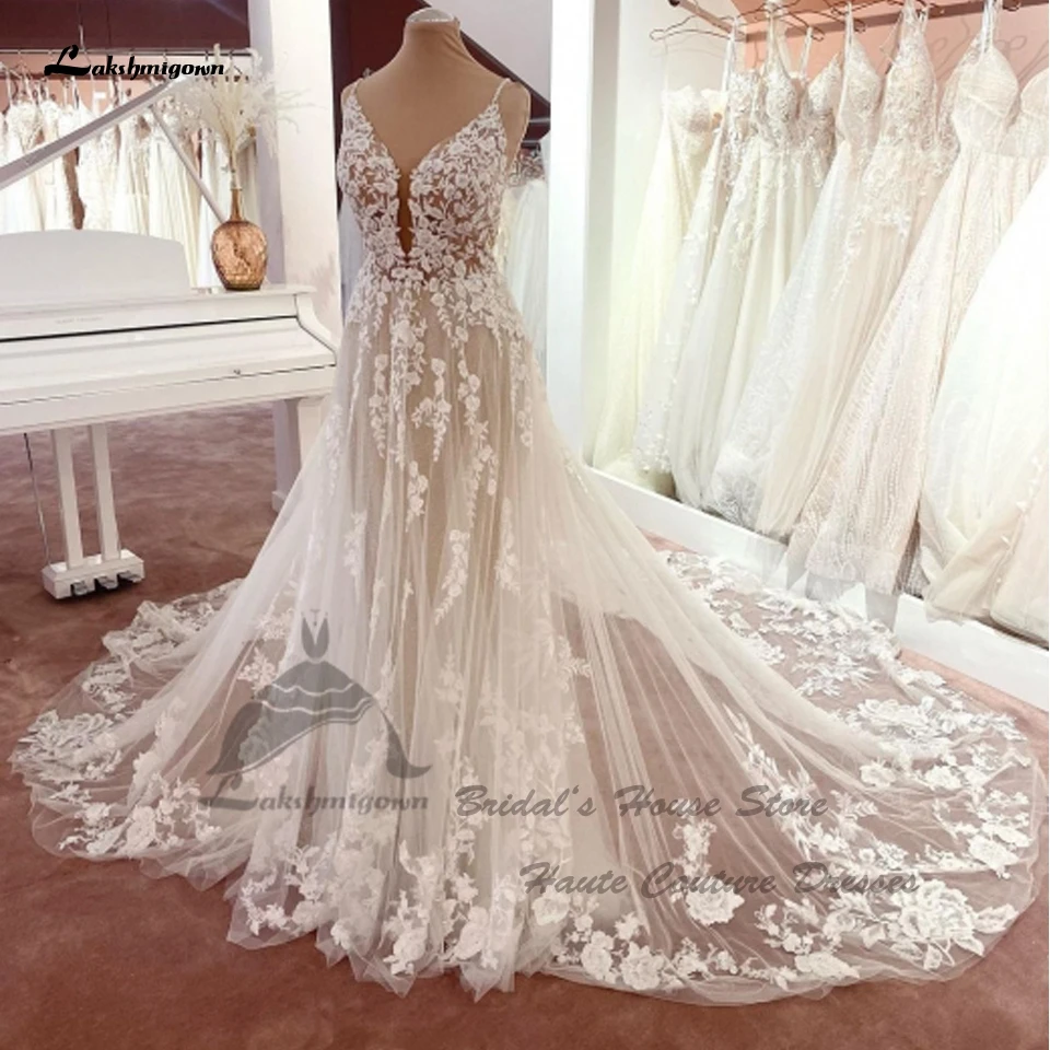 Lakshmigown Vestido Princess Lace Wedding Dress Sexy Bridal Robe 2024 Plunging Champagne Tulle Boho Wedding Gown Customized