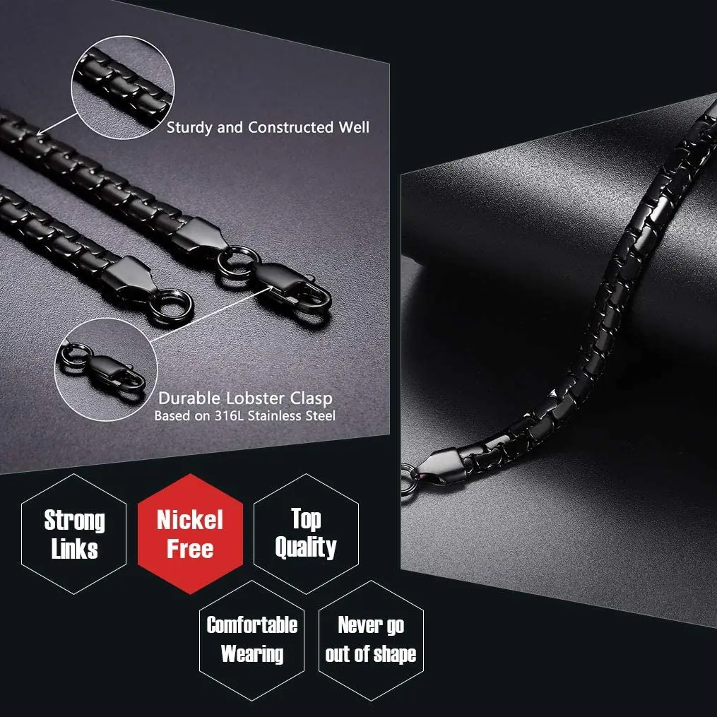 4MM 6MM Flat Box Chain Stainless Steel Necklace for Men Women Black Color Jewelry Gifts