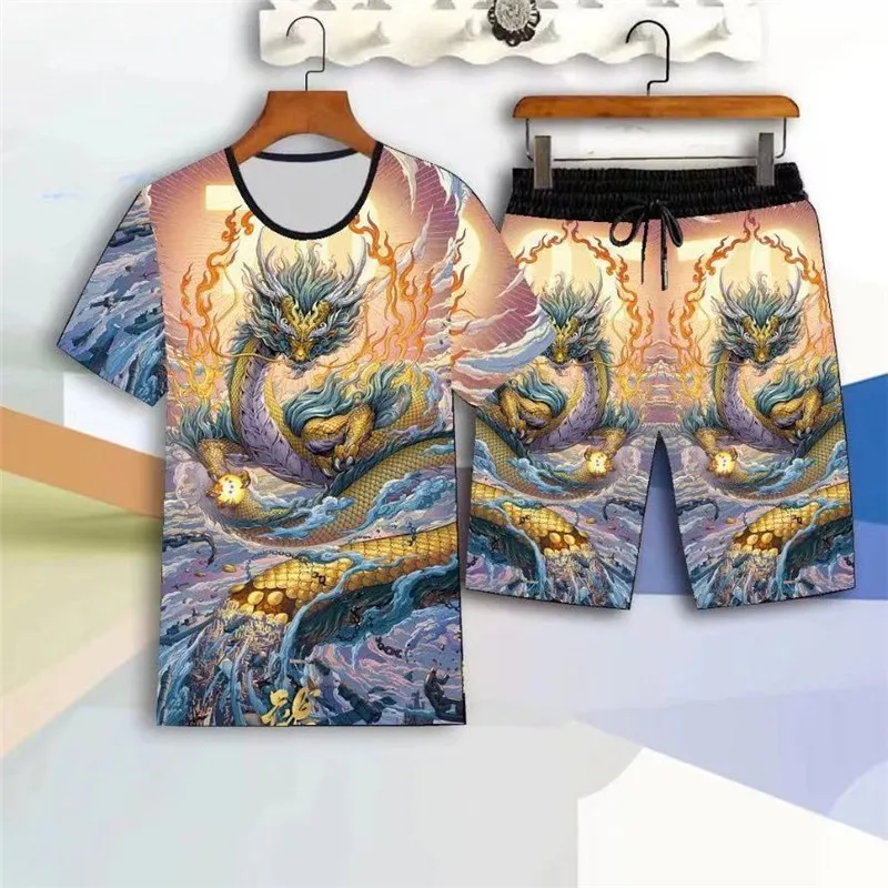 

Men's Short Sleeve T-shirt and Shorts 2 Piece Suit Casual Loose Sportswear 3D Dragon Print Chinese Sportswear