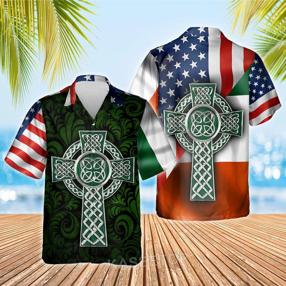 

Fashion Mens Beach Irish Flag With Celtic Cross Aloha 3D Printed Hawaiian Shirt Casual T Shirt Button Wild Blouses Oversize Tops