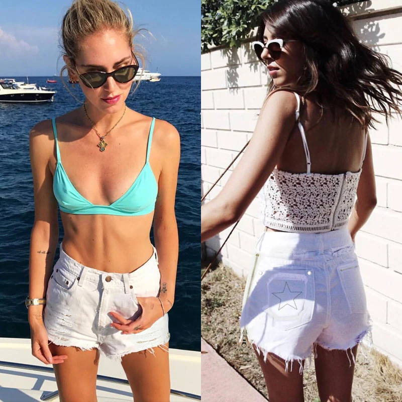 하이웨이스트 찢어진 반바지 여성용 데님 청바지, 양면 스플릿 지퍼, 섹시 트렌디 짧은 바지, 자수 스타, 화이트 시크, 여름